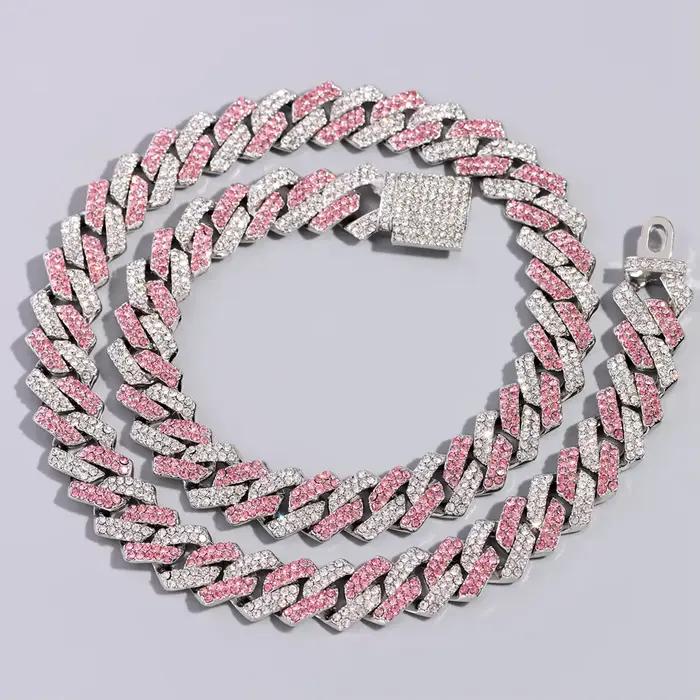 Collier chaîne cubaine Hip Hop pour hommes et femmes, chaîne Miami rose et blanche sertie de strass,