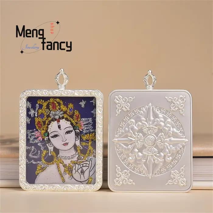 Nouveau modèle Thangka peint à la main et doré, cadre en argent, Tara Zakira, pendentif de style nat