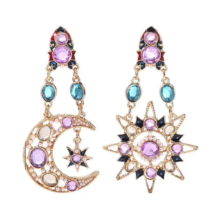 Bohême asymétrique opale soleil lune boucles d'oreilles baroque longue boucle d'oreille pour femme f