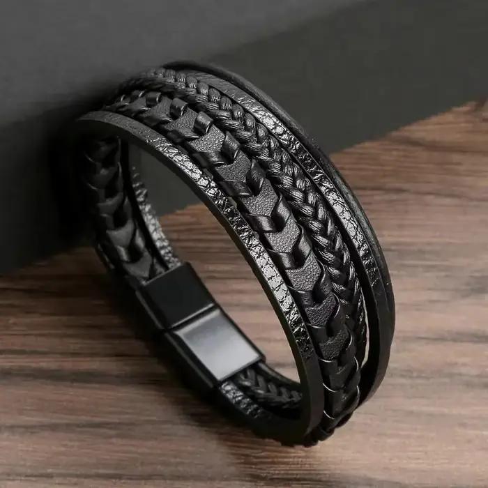 Bracelet tressé en cuir vintage superposé, classique, fait main, avec fermoir magnétique en alliage,