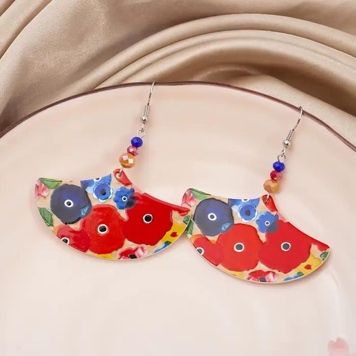 Boucles d'oreilles en acrylique en forme d'éventail à motif de fleurs colorées pour femmes, style vi