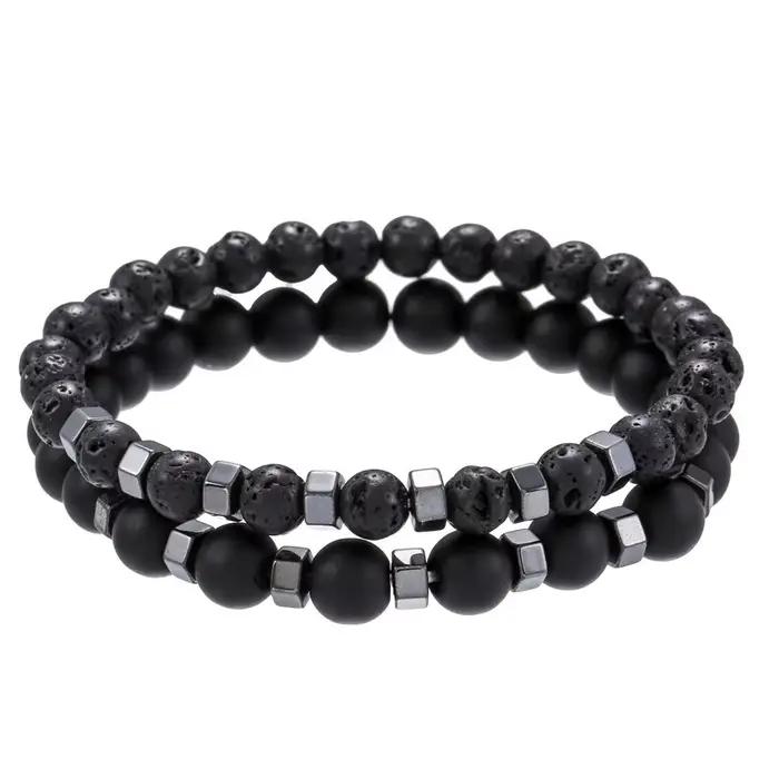 2 pièces/ensemble Bracelet de perles hommes pierre de lave Agate oeil de tigre perle charme hommes f