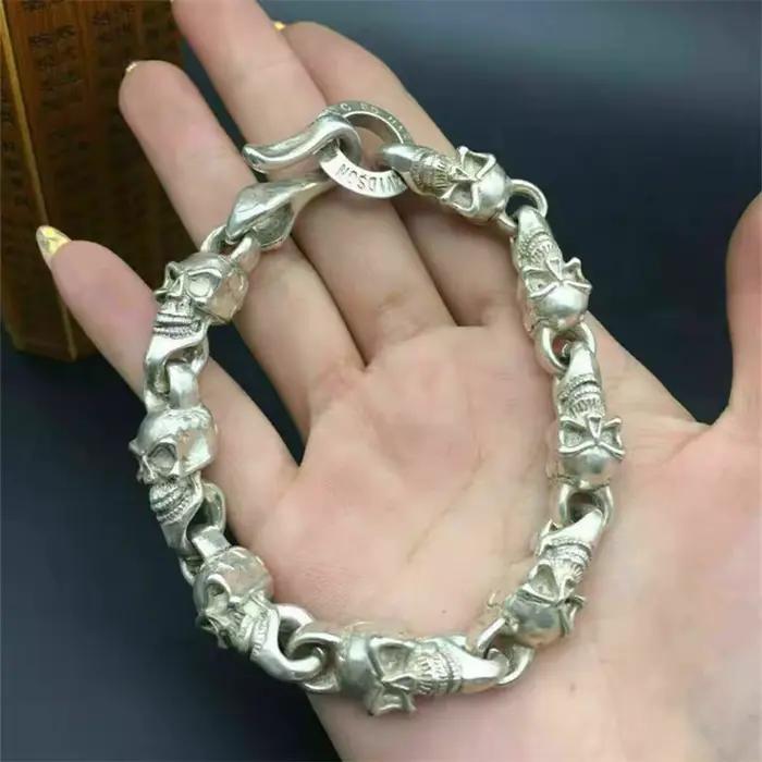 Bracelet de luxe tibétain en argent pour hommes et femmes, crâne de bénédiction de dieu, porte-bonhe