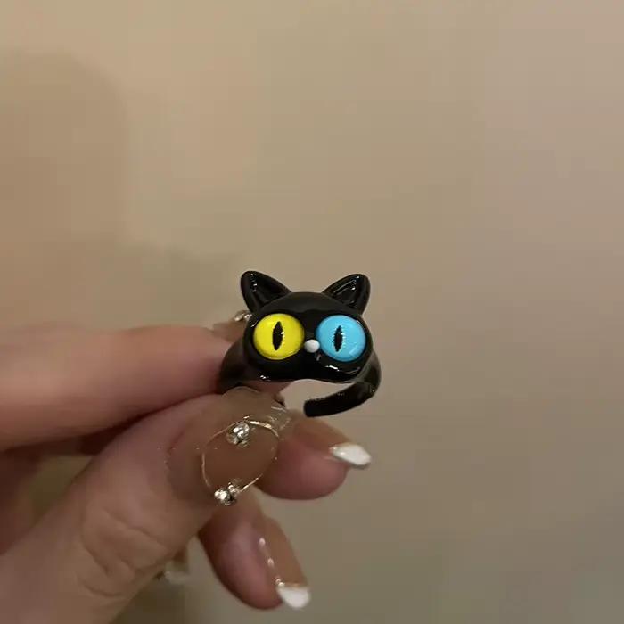 Bague Monstre Chat Noir pour Femme, Bague de Couple Amusante à Grands Yeux de Dessin Animé, Bijou de
