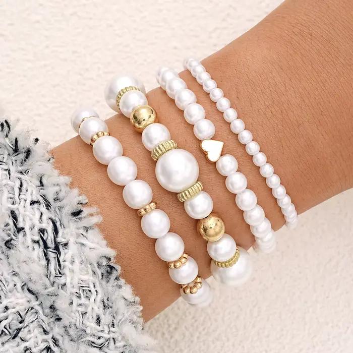Ensemble de bracelets en perles artificielles simples pour femmes, style bohémien, couleur or, cœur,