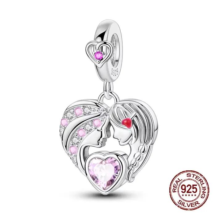 Mère fille amour breloques 925 en argent Sterling famille balancent pendentif ajustement Bracelet Br