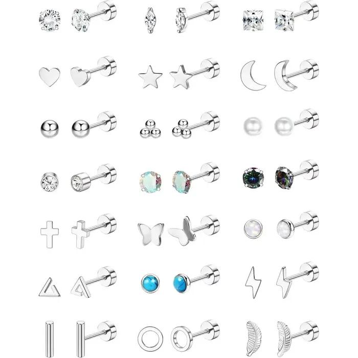 ORAZIO 21 paires de boucles d'oreilles en acier chirurgical, hypoallergéniques, à dos plat, petites 