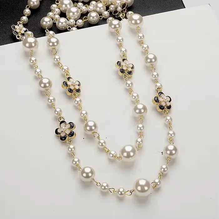 Vintage dame camélia perles fleur Long collier chaîne élégant Double couches mode bijoux pour les fe
