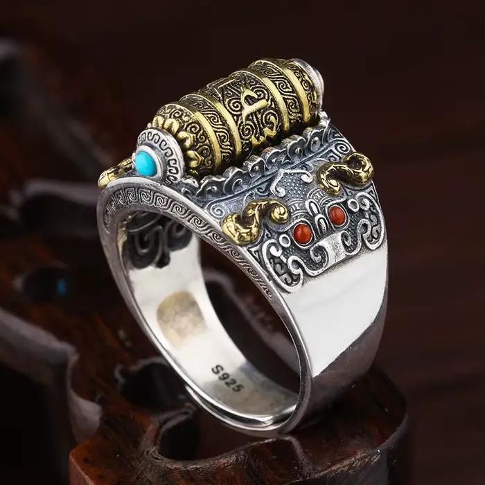 Bague d'écriture bouddhiste rétro pouvant être rotative pour hommes, bijoux de personnalité en argen