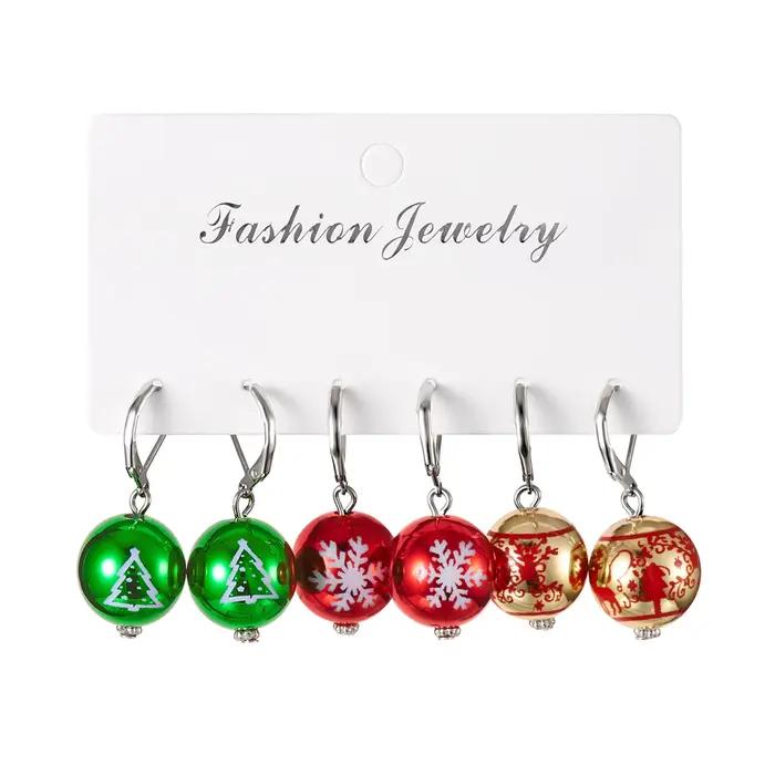 Mignon 3 paires de boucles d'oreilles boule colorée de noël pour les femmes flocon de neige motif d'