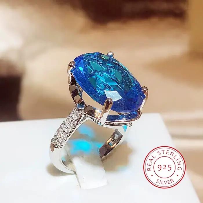Bague ovale géométrique bleue classique pour fête de Banquet, ne se décolore pas, lumière de luxe, o
