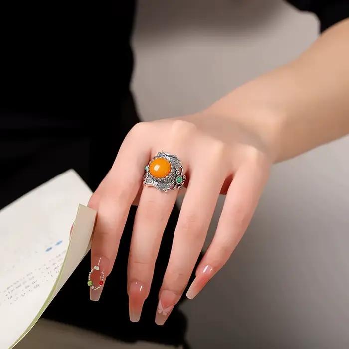 Bague artistique rétro pour femmes, bague en cire d'abeille incrustée d'argent thaïlandais, bague po