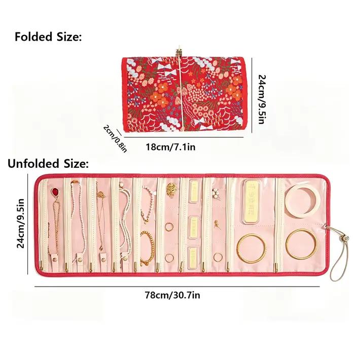 Organisateur de bijoux enroulable brodé de fleurs rouges, rouleau de voyage anti-emmêlement pour col
