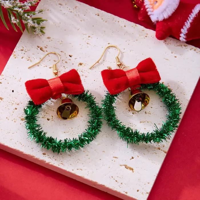 Mode rouge vert noël boucles d'oreilles femmes Bijoux arbre de noël cloche couronne étoile nœud papi