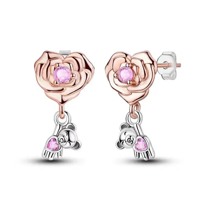 Boucles d'oreilles en argent Sterling 925 pour femmes, ours étincelant et Rose, bijoux cadeaux d'ann