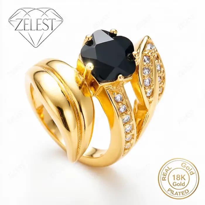 Bague en argent sterling 925 plaqué or 18 carats avec zircon noir exquis pour femme - Accessoires de