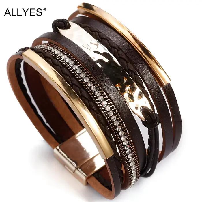 ALLYES Vintage Bracelet en cuir tressé à la main pour femmes hommes Boho gros multicouche Wrap large