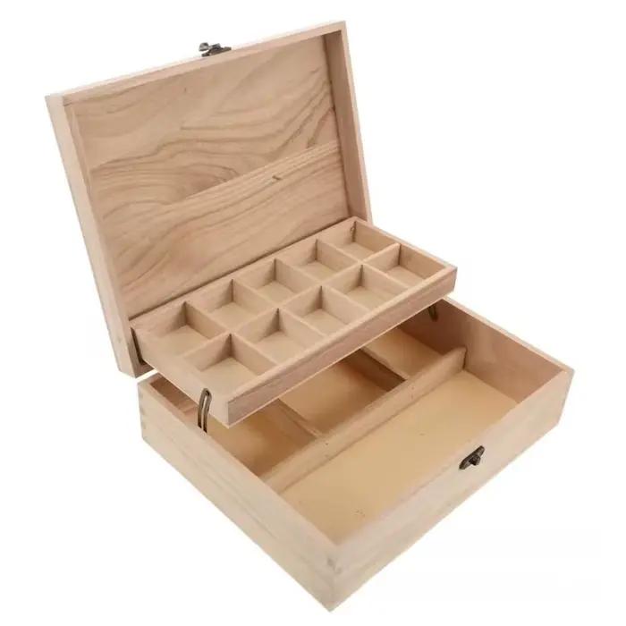 Boîte de rangement en bois à 2 niveaux, boîte à bijoux rectangulaire en bois massif, organisateur de