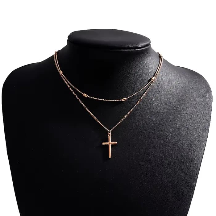 Collier pendentif croix romantique pour femmes, couleur or argent, perles ovales multicouches, chaîn