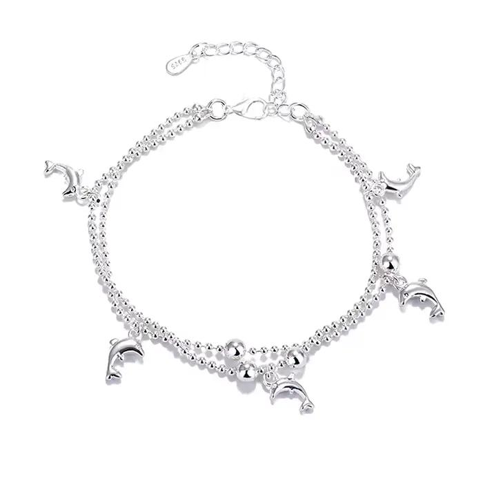 Nouvelle mode dauphin pendentif petite boule ronde perle Bracelet de cheville 925 en argent Sterling