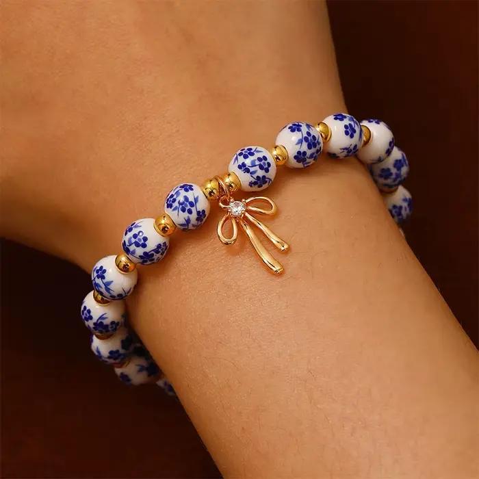 Bracelet en céramique avec nœud fait à la main, bleu et blanc, corde élastique réglable chinoise, pe