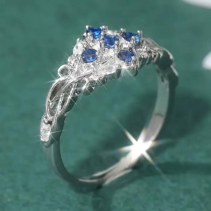 Bague de luxe en zircone synthétique bleue étincelante plaquée argent pour femme, accessoires de bij