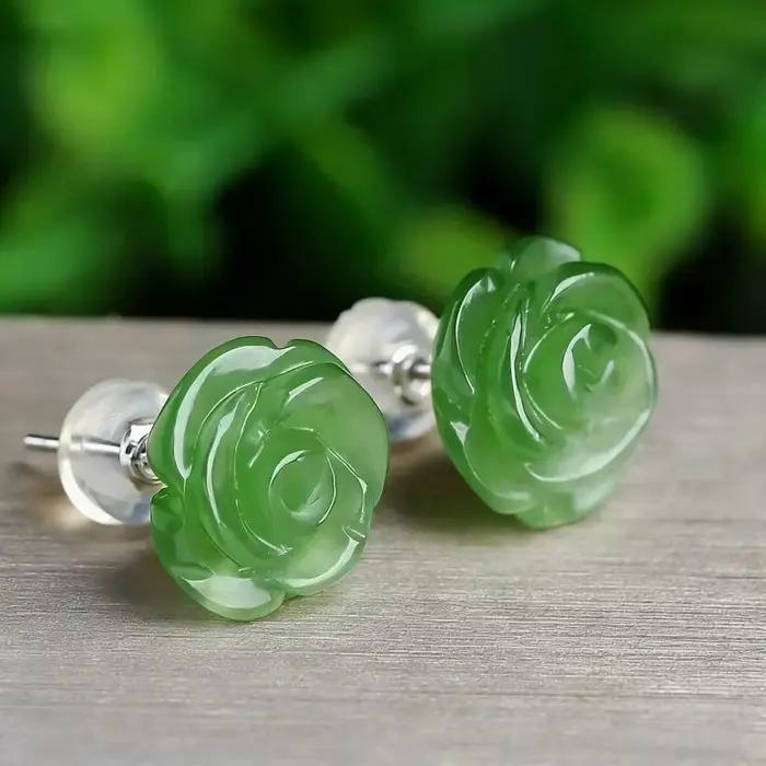Boucles d'oreilles en Jade Rose naturel vert, clous d'oreilles, bijoux en pierres précieuses Vintage