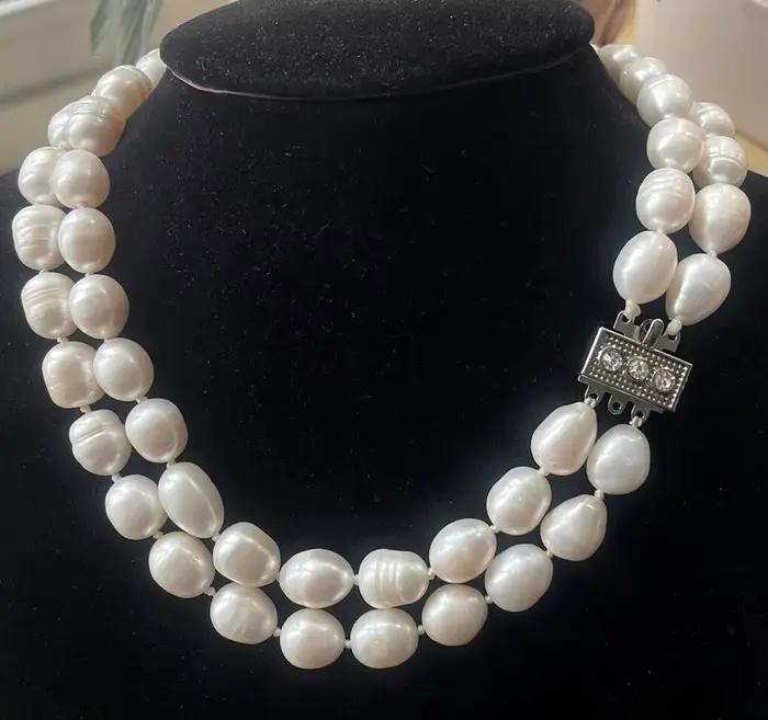 Nouveau collier de bijoux grand 2 rangées 10-12mm riz Baroque blanc collier de perles de culture d'e