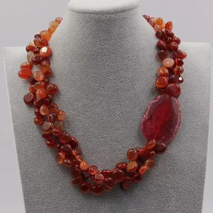 GuaiGuai-Collier à 3 brins d'agate cornaline rouge naturelle pour femme, perles de pépite, agates ro