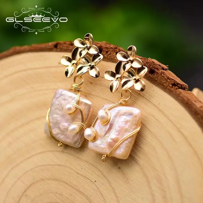 Boucles d'oreilles en perles carrées baroques naturelles, Design Original, fleurs faites à la main, 