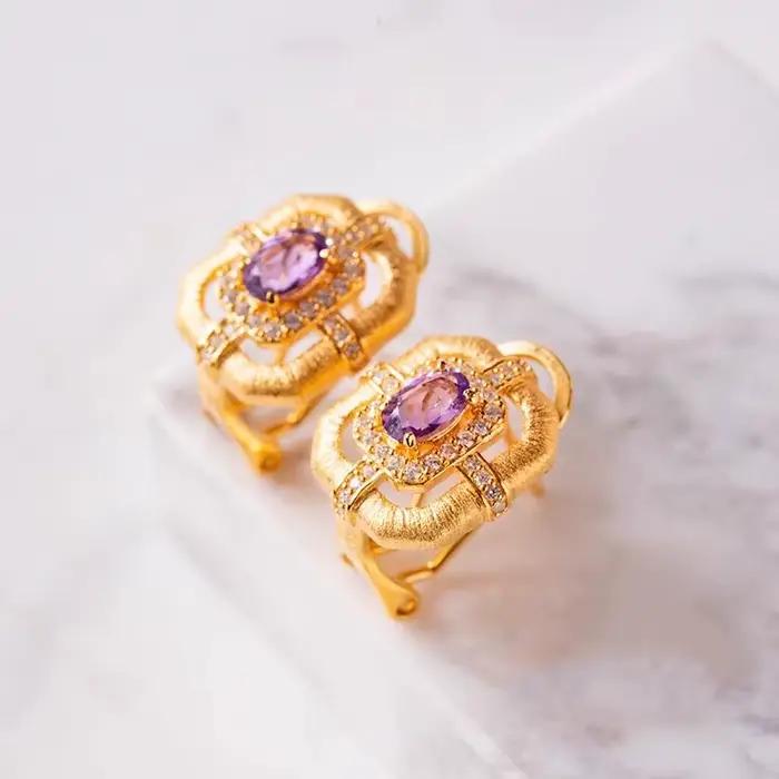 Foyimagination-Boucles d'oreilles à tige diamant vintage pour femme, bijoux en or italien, artisanat