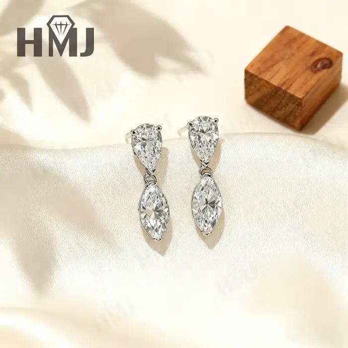 Boucles d'oreilles en forme de poire Moissanite + taille Marquise pour femmes, Design élégant double