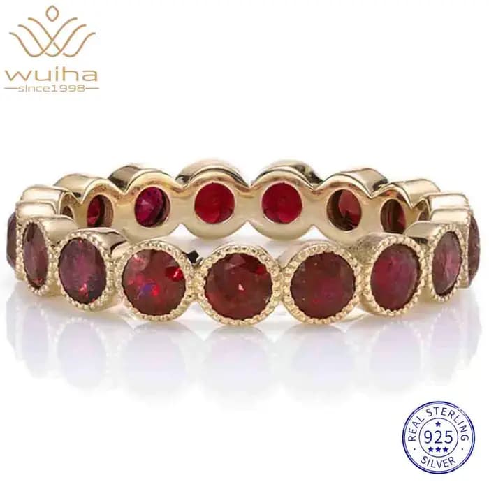 WUIHA Bague de Fiançailles et Alliance Vintage en Argent Sterling 925 avec Rubis Rond Taillé, Bijoux