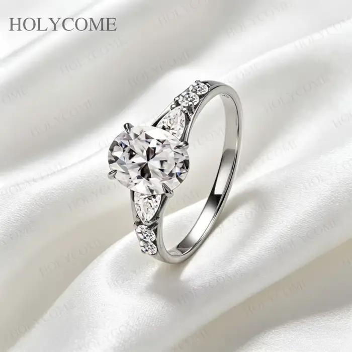 Bague en argent sterling 925 plaqué or 18 carats avec moissanite taille ovale/poire/ronde couleur D/champagne VVS1 – Cadeau d'anniversaire, bijoux fins pour elle