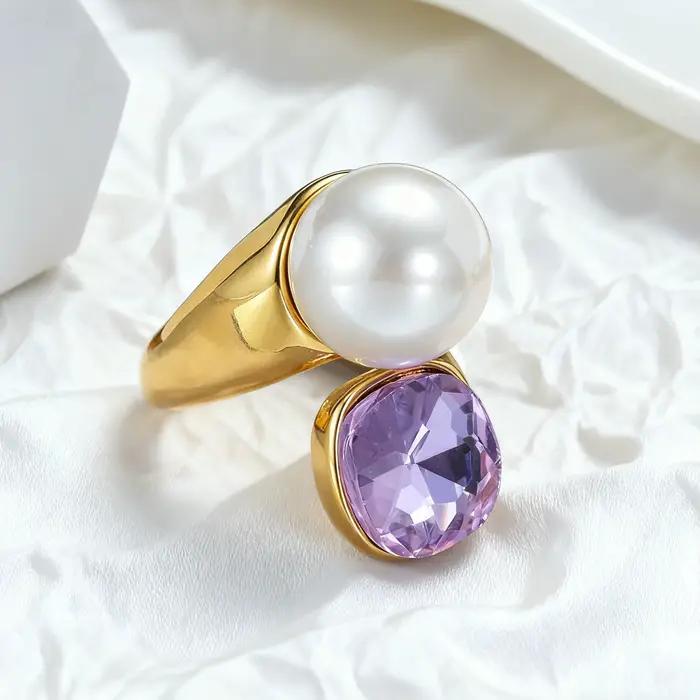 Sifisrri Simple Zircon fleur perlée anneaux pour femmes fille en acier inoxydable bijoux réglable couleur or anneau cadeau de noël