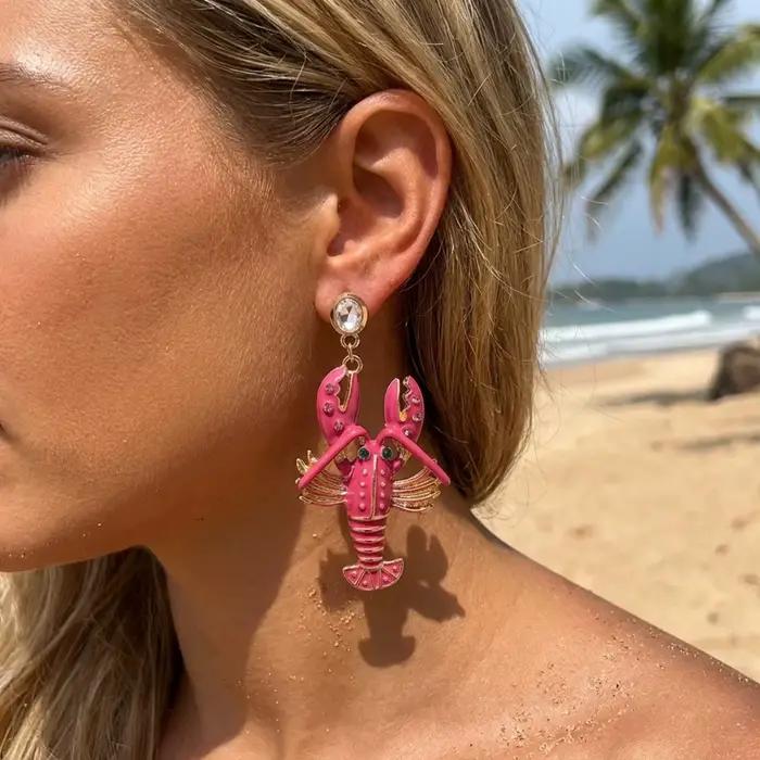 Boucles d'oreilles pendantes créatives en forme de homard ornées de strass rouges exagérés pour femmes et hommes bijoux de fête d'été occasions spéciales style bohème chic