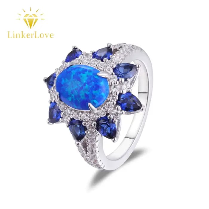 Bague Statement LinkerLove en Argent S925 avec Opale Bleue Ovale 3 carats et Halo Étoilé pour Femme, Accents de Saphir Goutte d'Eau, Bijou de Cocktail
