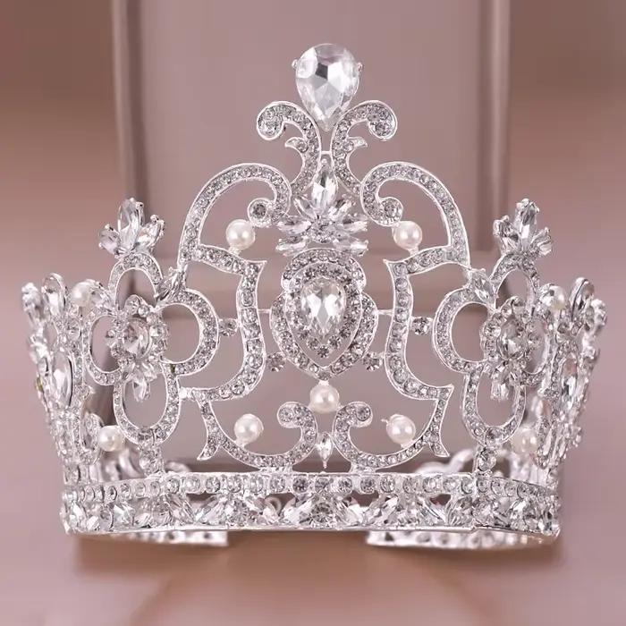 Couronne de diadème de perles de cristal baroques vintage, grand diadème, reine, roi, bijoux de tête, patients, accessoires de cheveux de mariage, ornements
