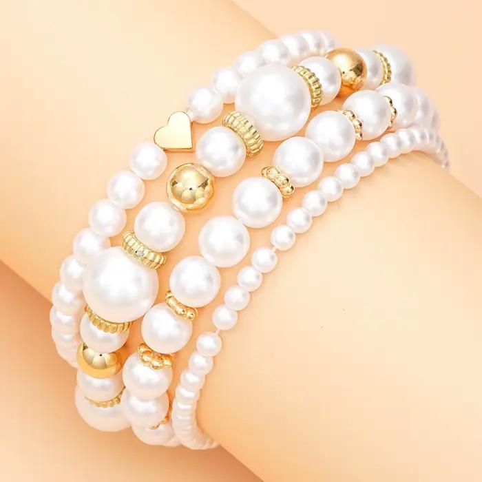 Ensemble de bracelets en perles artificielles simples pour femmes, style bohémien, couleur or, cœur, breloques, chaîne, bijoux à la mode pour filles, 4 pièces