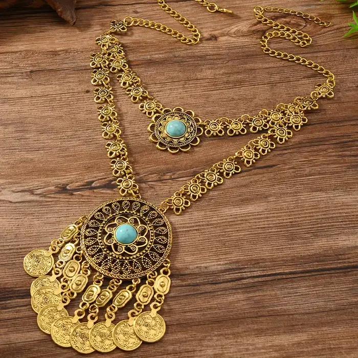 Collier ethnique en forme de pièce de monnaie Turquoise, style bohème, Vintage, pendentif à pampilles superposées, bijoux de déclaration, accessoires de ton de couleur or argent