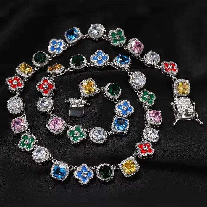 Uwin – collier carré en Zircon coloré, chaîne en émail à fleurs, entièrement glacé, Zircon cubique, ras du cou luxueux, bijoux HipHop