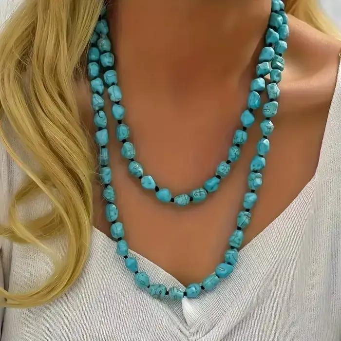 Collier sans fin de perles turquoise pour femmes et adolescentes, style Boho, longue pierre nouée, multicouche, bijoux faits à la main