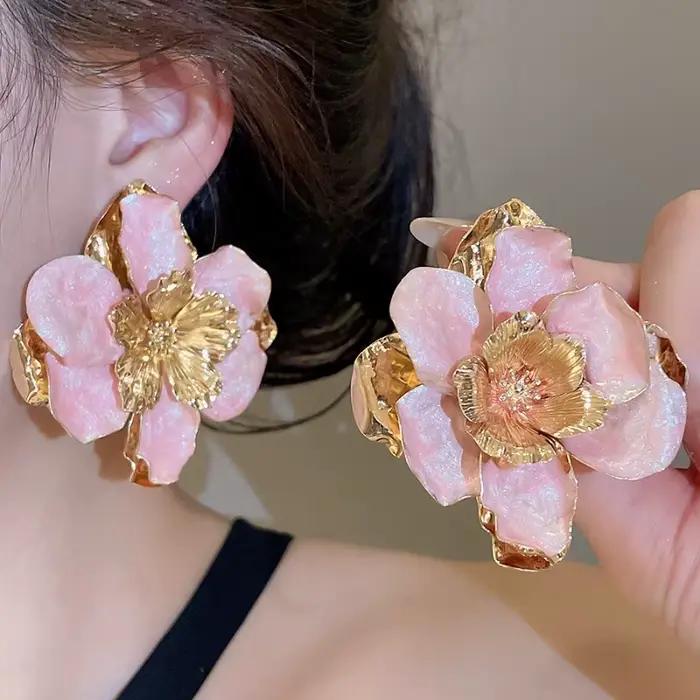 Boucles d'oreilles pendantes Minar en émail couleur bonbon, métalliques, multicouches, grandes fleurs, pour femmes, bijoux en alliage de fer plaqué or