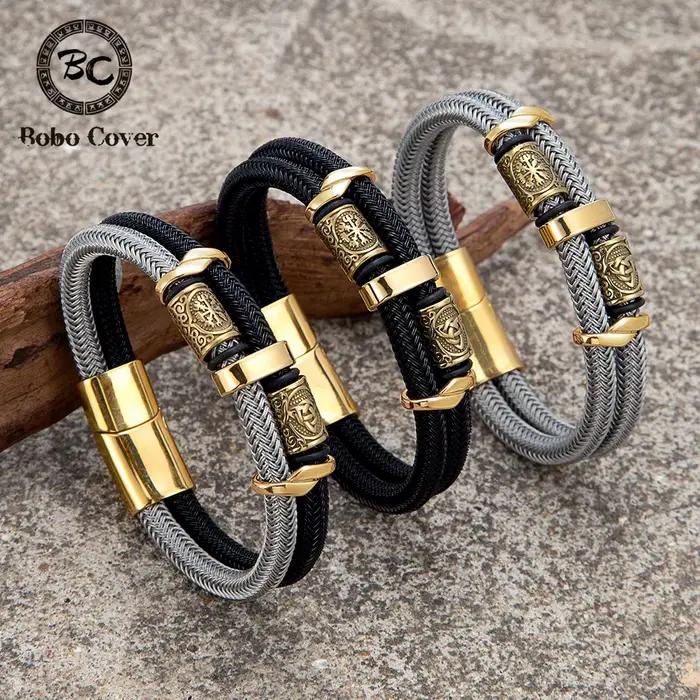 Vikings Runes Double couche ne se décolore pas en acier fil corde Bracelets hommes nordique couleur or bracelet en acier inoxydable de luxe mâle bijoux