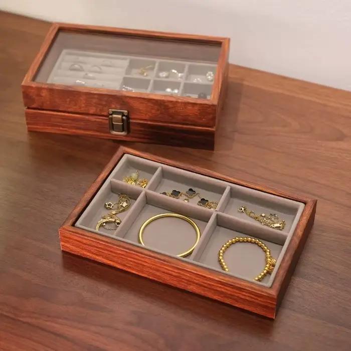 Boîte à bijoux transparente en bois, anti-oxydation, organisateur de bagues, colliers, boucles d'oreilles, grande capacité, étui de présentation pour femmes, cadeau