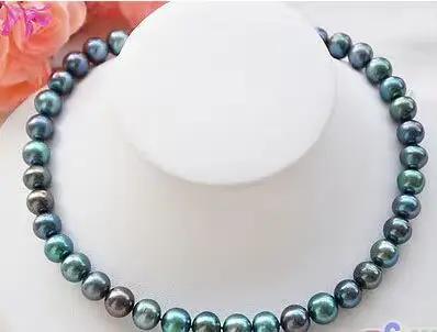 Collier de perles d'eau douce noires paon rondes naturelles, bijoux fins, 17 pouces, 9-10mm