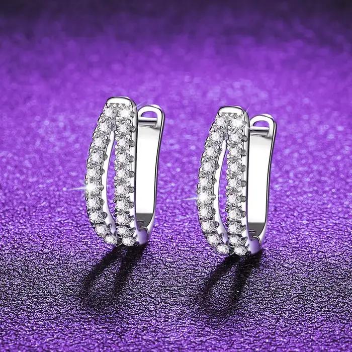 Boucles d'oreilles Micro-Pave en argent blanc plaqué or S925, 0,6 ct, couleur D, Moissanite, Double rangée, pour femmes, bijoux exquis.