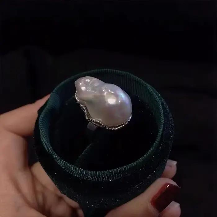 Bague Ajustable en Argent Sterling S925, Grande Perle Baroque Irrégulière de Forme Spéciale, Style Palais Rétro, Blanc Aurore Éblouissement Naturel