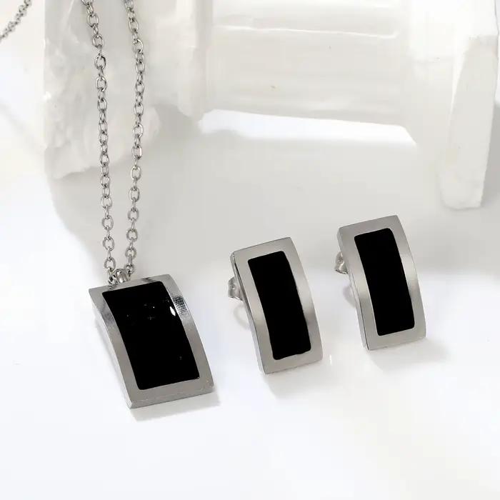 Parures de bijoux tendance en acier inoxydable pour femme, collier et boucles d'oreilles géométriques en coquille noire, bijoux étanches, cadeau