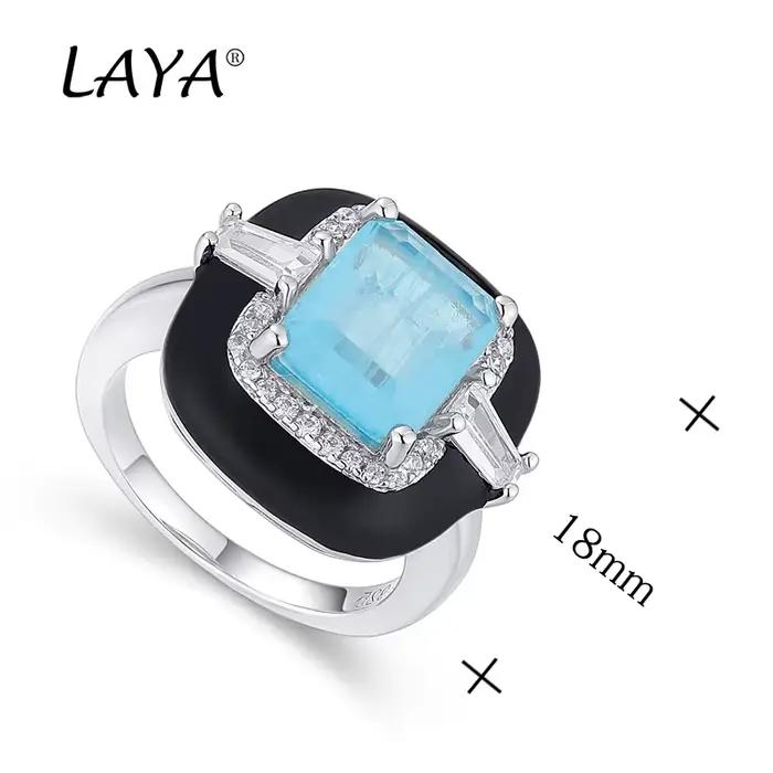 LAYA 925 en argent Sterling mode brillant Zircon naturel bleu pierre noir émail carré anneau pour les femmes cadeau mode bijoux fins